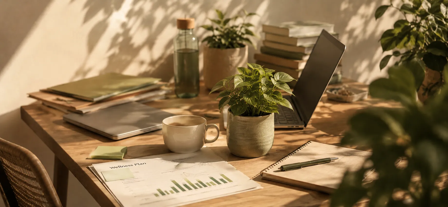 Holzschreibtisch mit einem Wellness-Plan-Dokument, Notizbuch, Tasse, Zimmerpflanzen und einem Laptop im warmen Sonnenlicht