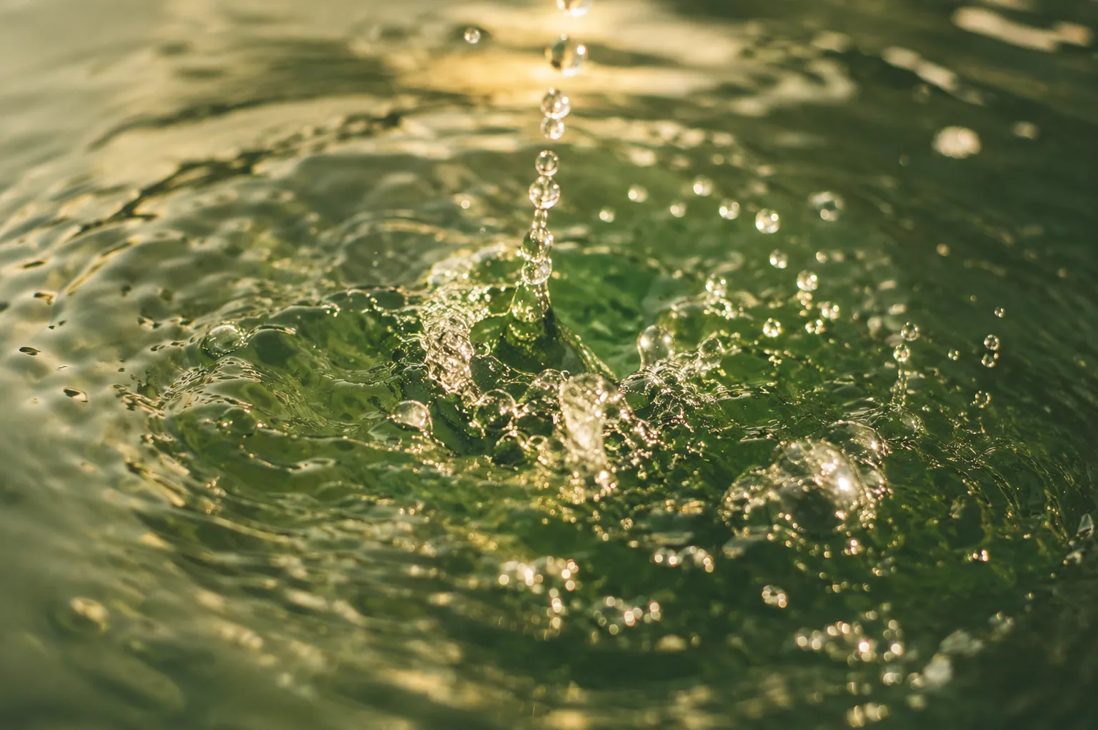 Wassertropfen trifft eine grün schimmernde Wasseroberfläche und erzeugt Wellen und Spritzer