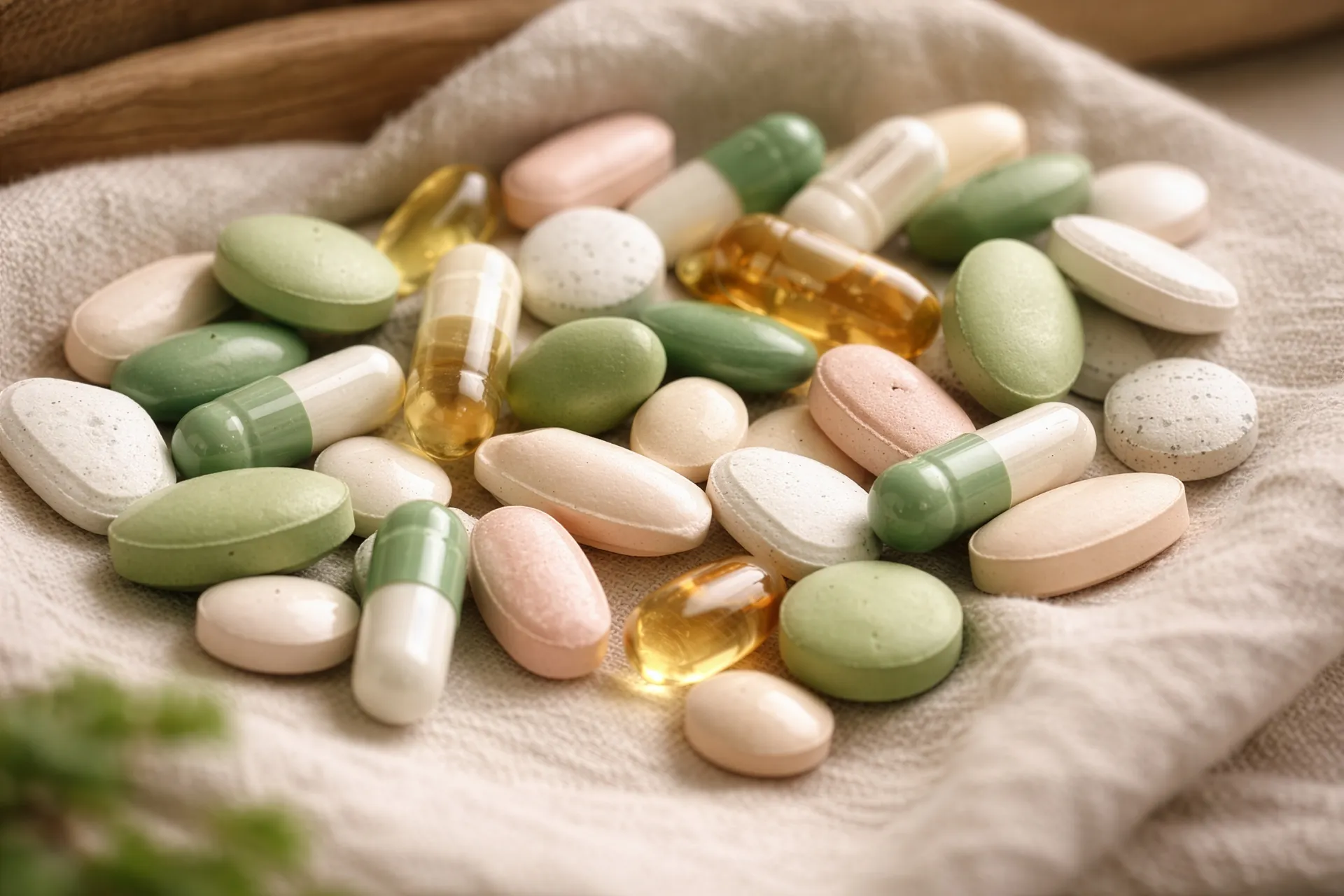 Verschiedene Nahrungsergänzungsmittel in Form von Tabletten, Kapseln und Weichgelkapseln in Grün-, Weiß- und Rosatönen auf einem Tuch