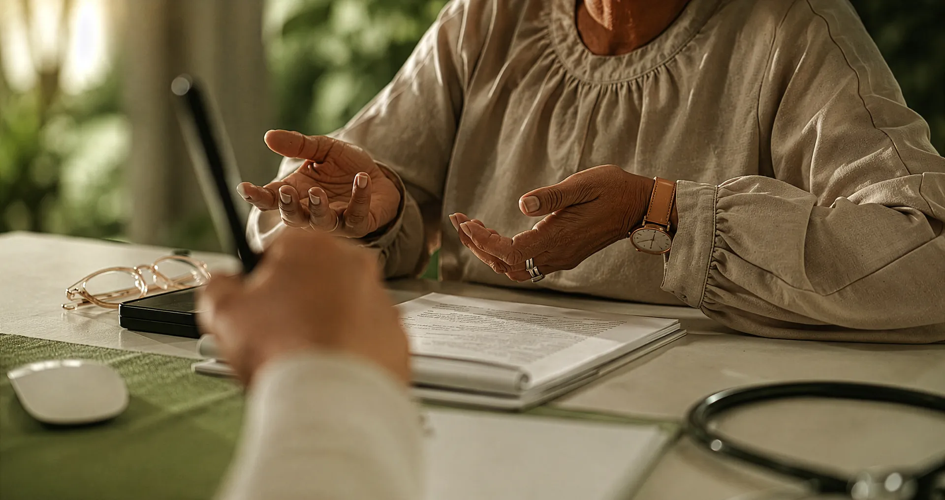 Ältere Patientin im Gespräch mit einem Arzt, auf dem Tisch liegen Dokumente und ein Stethoskop
