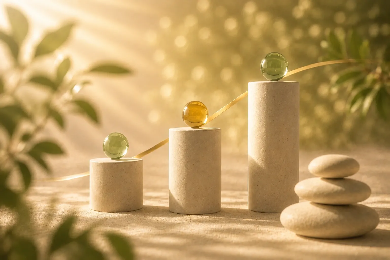 Drei aufsteigende Zylinder mit Glasmurmeln und einer goldenen Aufwärtslinie, symbolisieren Wachstum, daneben gestapelte Steine
