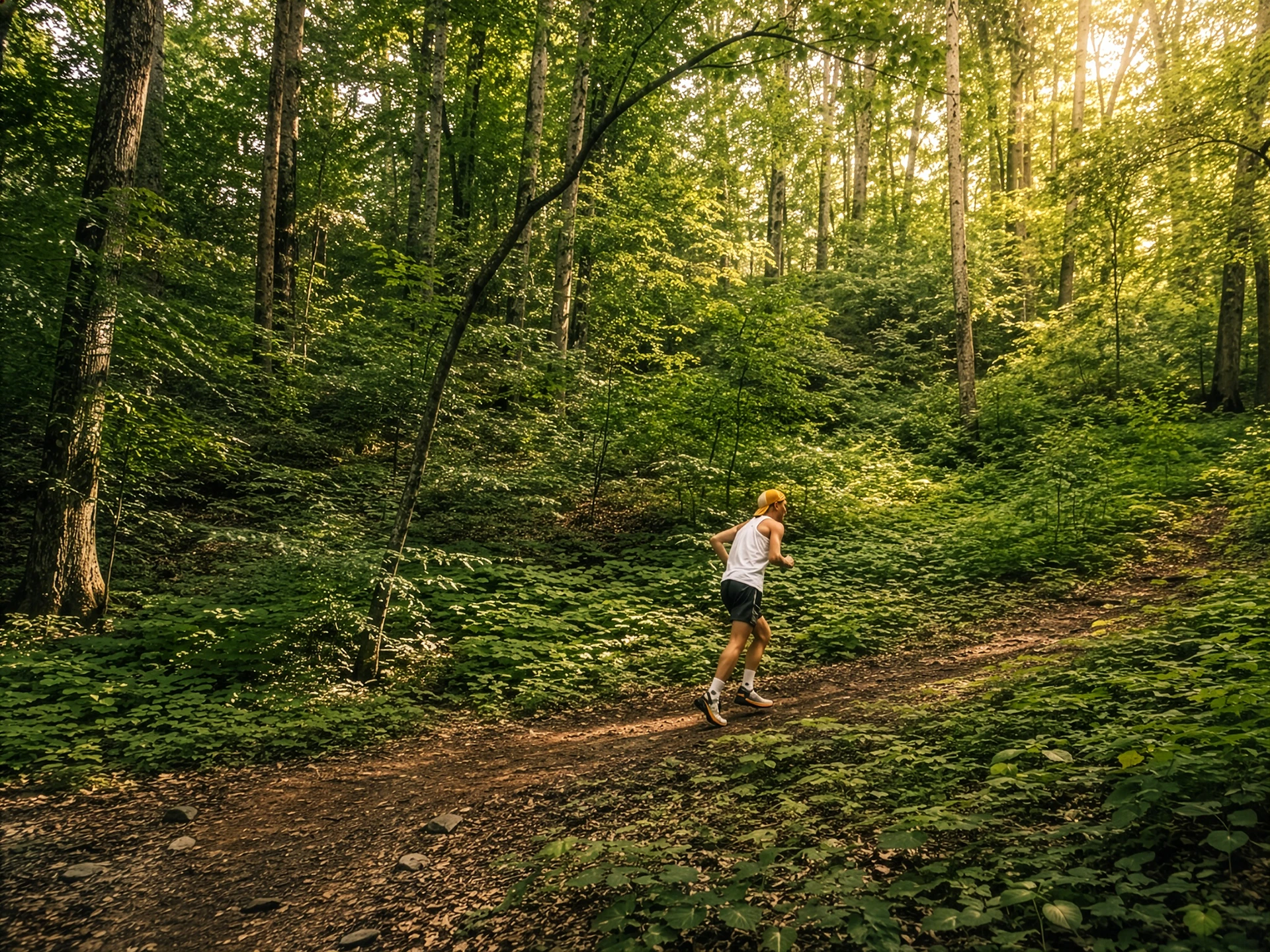 Eine Person läuft auf einem Waldweg durch einen sonnendurchfluteten, grünen Laubwald