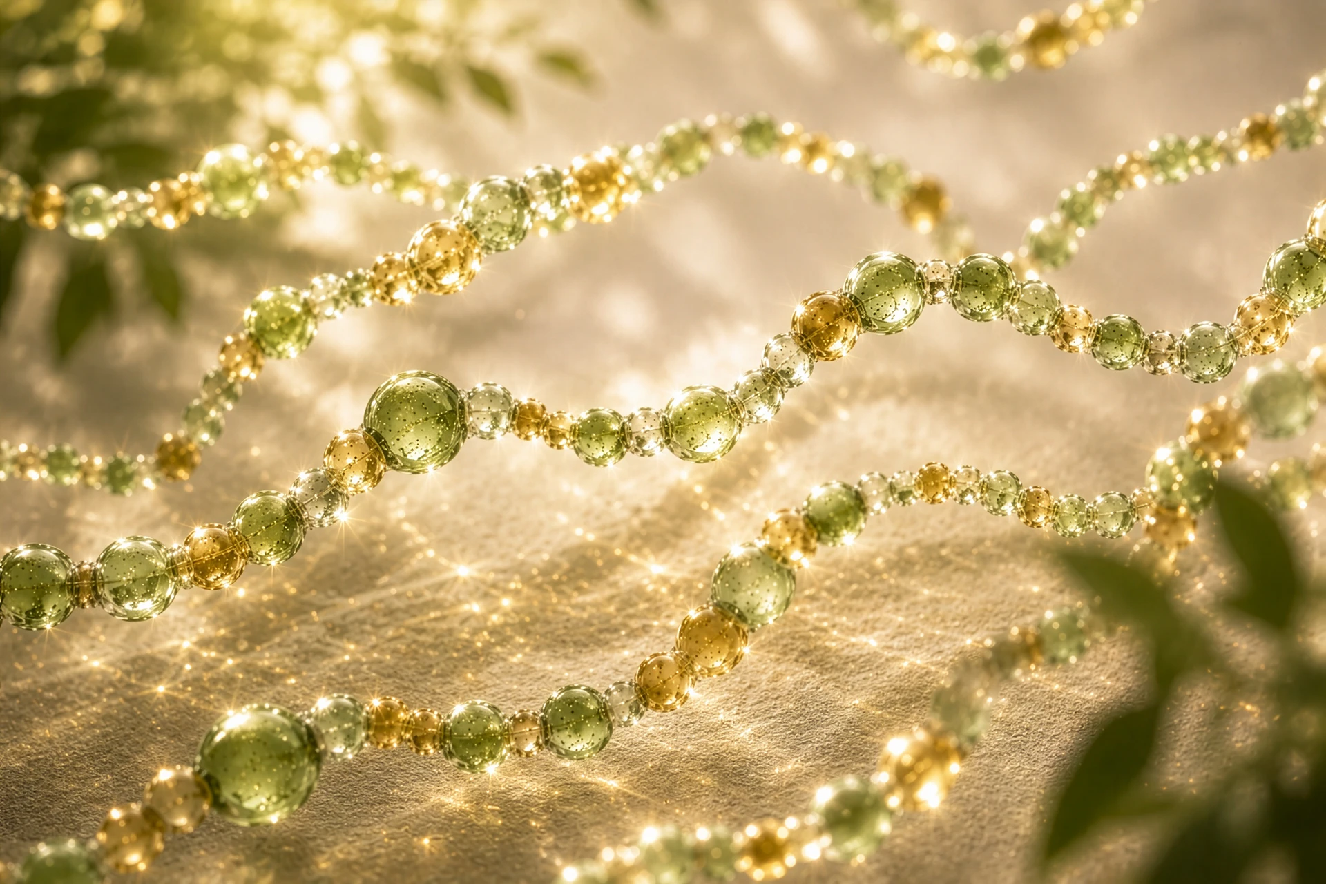 Glitzernde grüne und goldene Perlenketten auf hellem Untergrund mit funkelnden Lichtreflexen und Blättern im Hintergrund