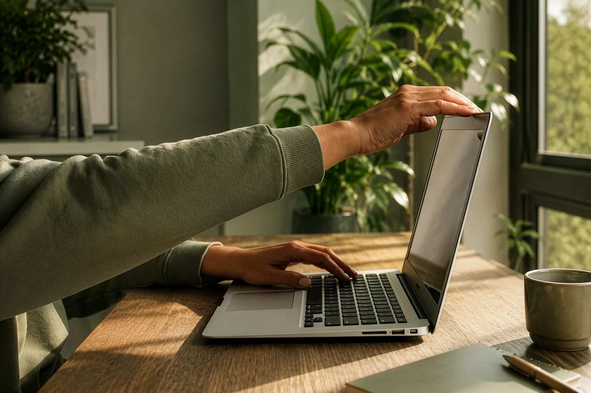 Person öffnet einen Laptop an einem Holzschreibtisch in einem grünen Heimarbeitsplatz
