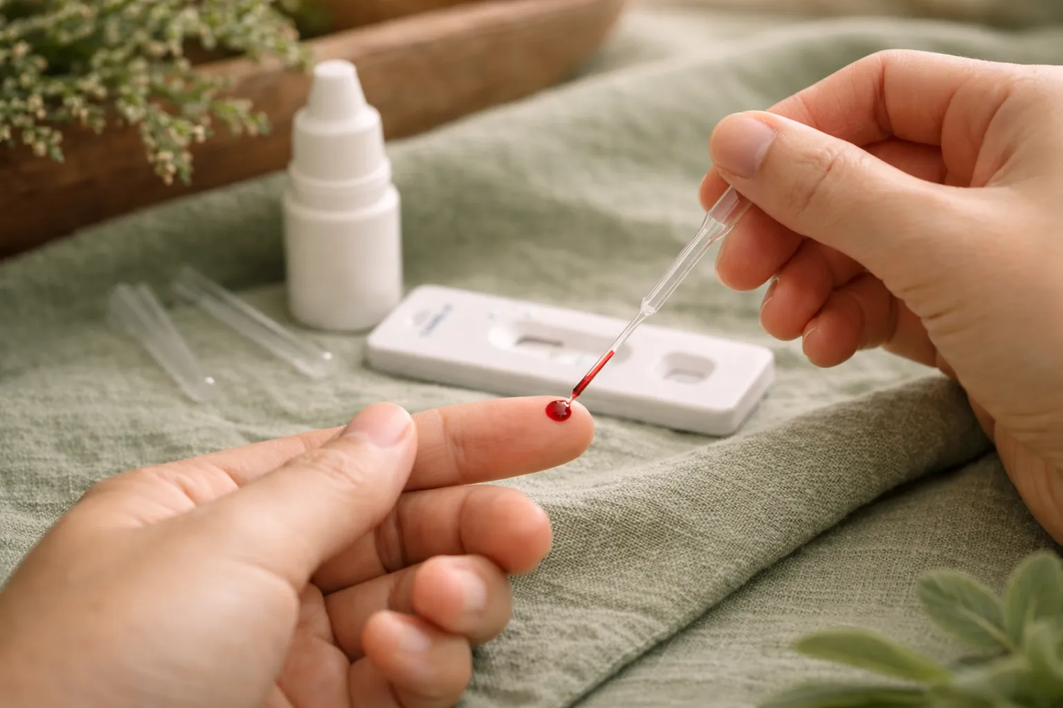Blut wird mit einer Kapillare vom Finger entnommen und auf einen Schnelltest aufgetragen