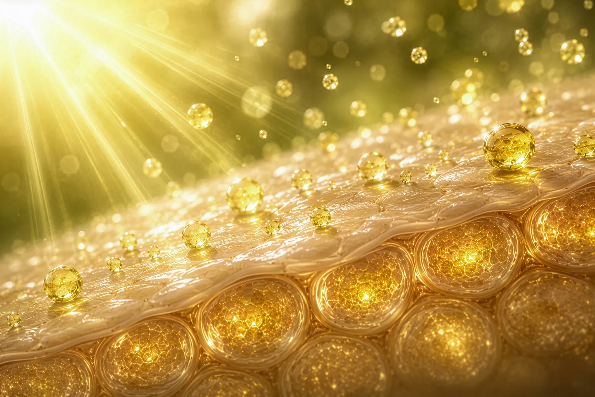 Digitale Illustration goldener Wirkstoffkapseln, die in Hautschichten eindringen, beleuchtet von strahlendem Sonnenlicht