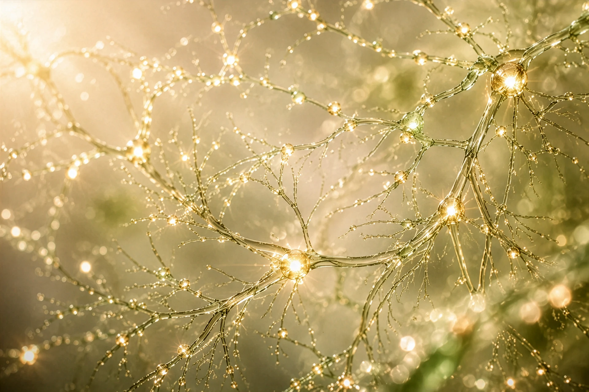 Künstlerische Darstellung eines neuronalen Netzwerks mit leuchtenden Knotenpunkten und verzweigten Verbindungen in goldenem Licht