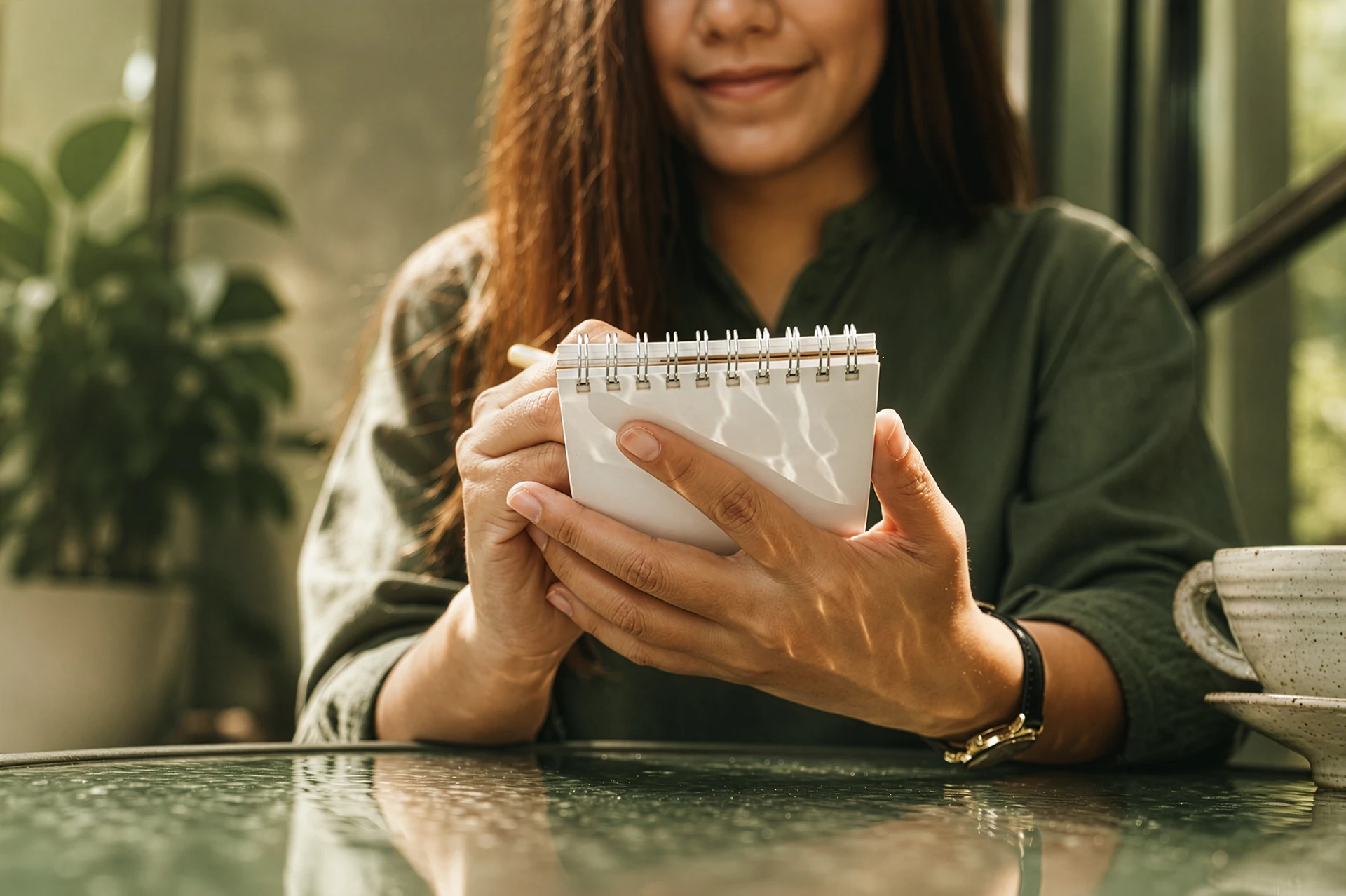 Lächelnde Frau hält ein kleines Spiralnotizbuch in den Händen an einem Tisch mit Kaffeetasse